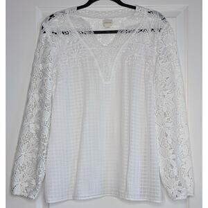 Chico's Alabaster Floral Embroidered Mesh Sleeve Dobby Grid Sz 1 Coastal Luxe